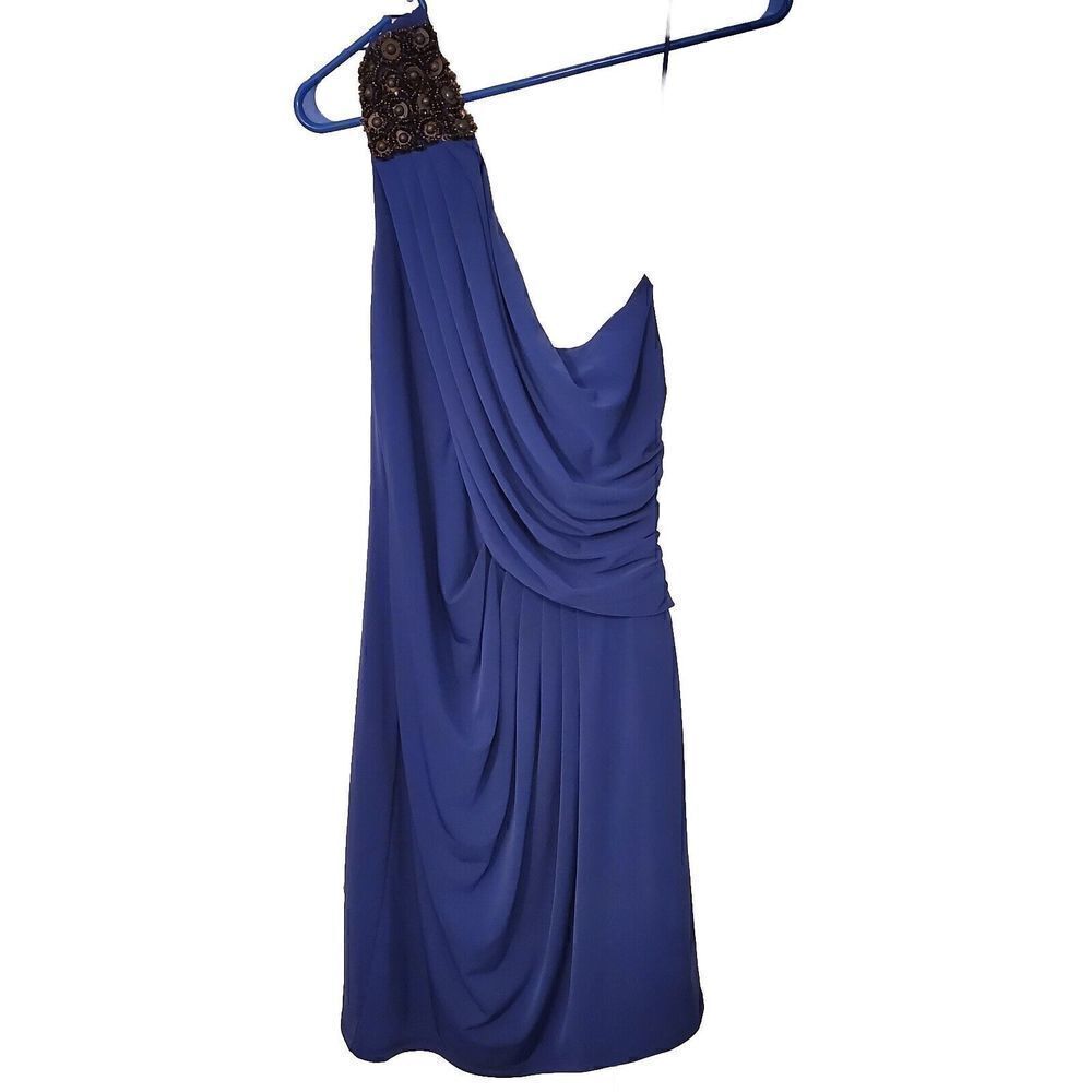 066) Max and Cleo Dress Womens Size 10 Blue One Shoulder Rouched Party